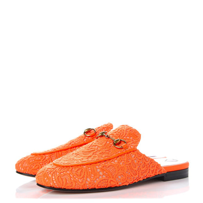 Gucci Lace Malaga Kid Womens Princetown Slippers 36.5 Orange Fluo Skin Rose 3 of 9