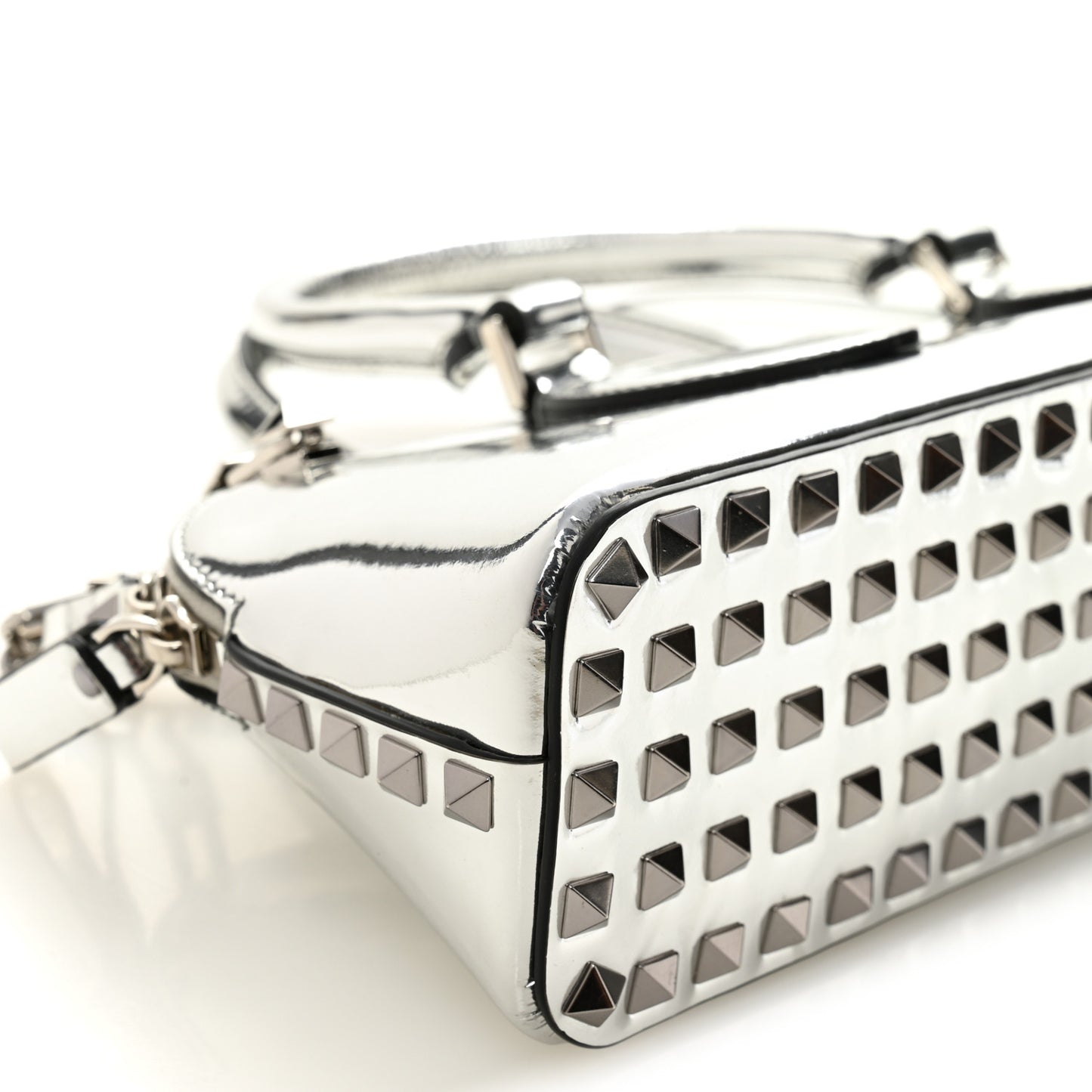 Mirror Calfskin Rockstud East West Top Handle Bag Silver