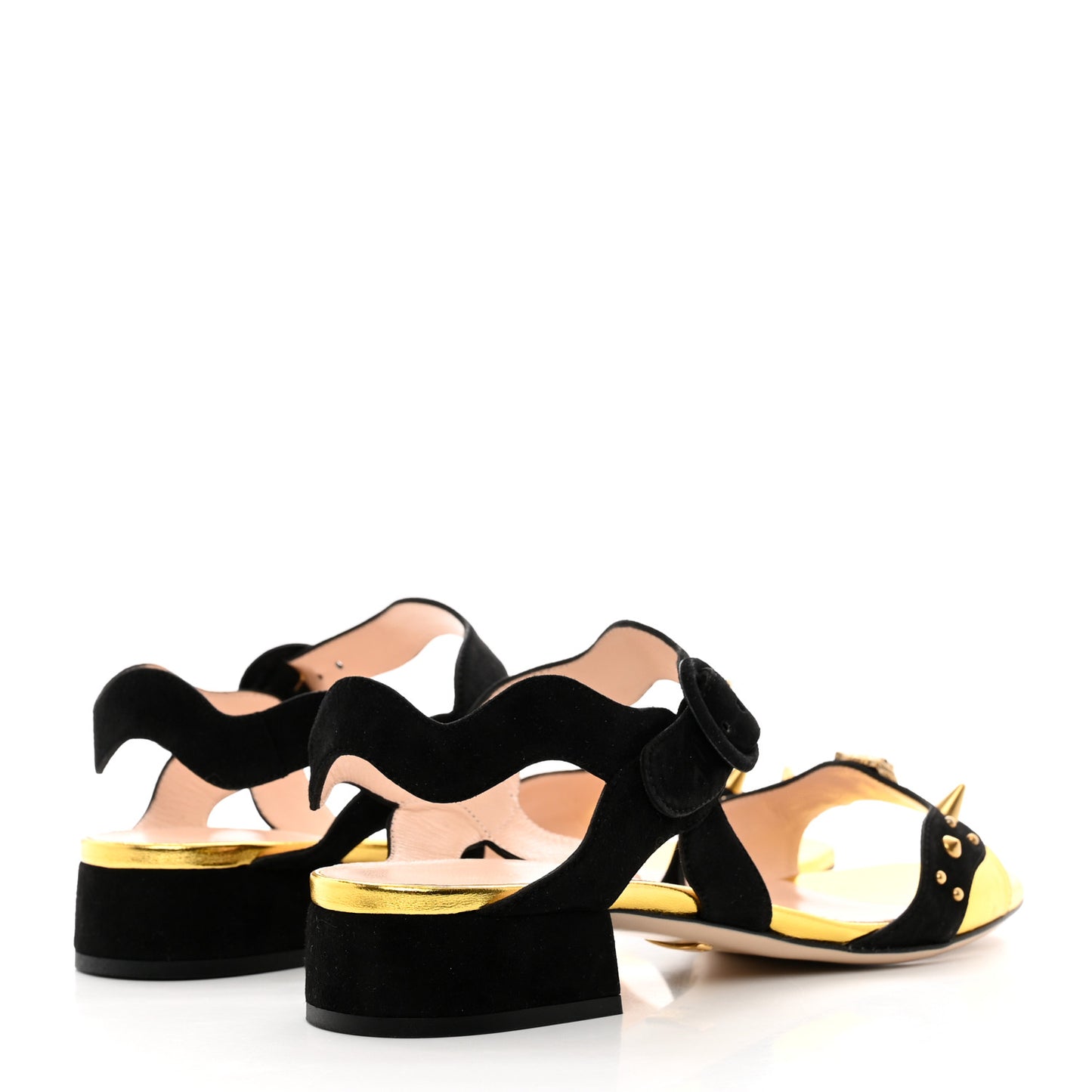 Velvet Metallic Nappa Spiked Feline Sandals 38 Black Gold