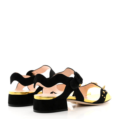 Gucci Velvet Metallic Nappa Spiked Feline Sandals 38 Black Gold 4 of 8