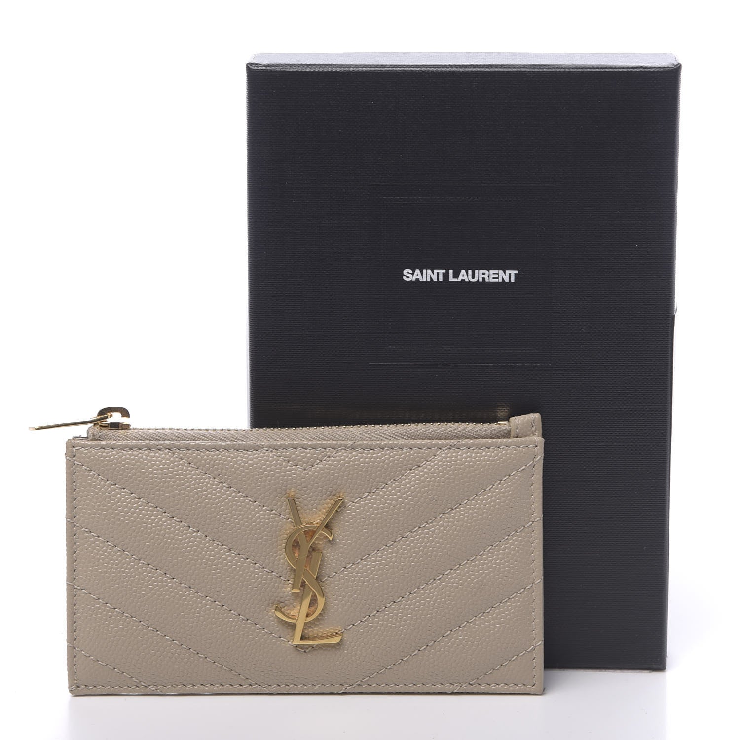 Saint Laurent Grain De Poudre Matelasse Chevron Monogram Fragments Zippered Card Case Sea Salt 8 of 8