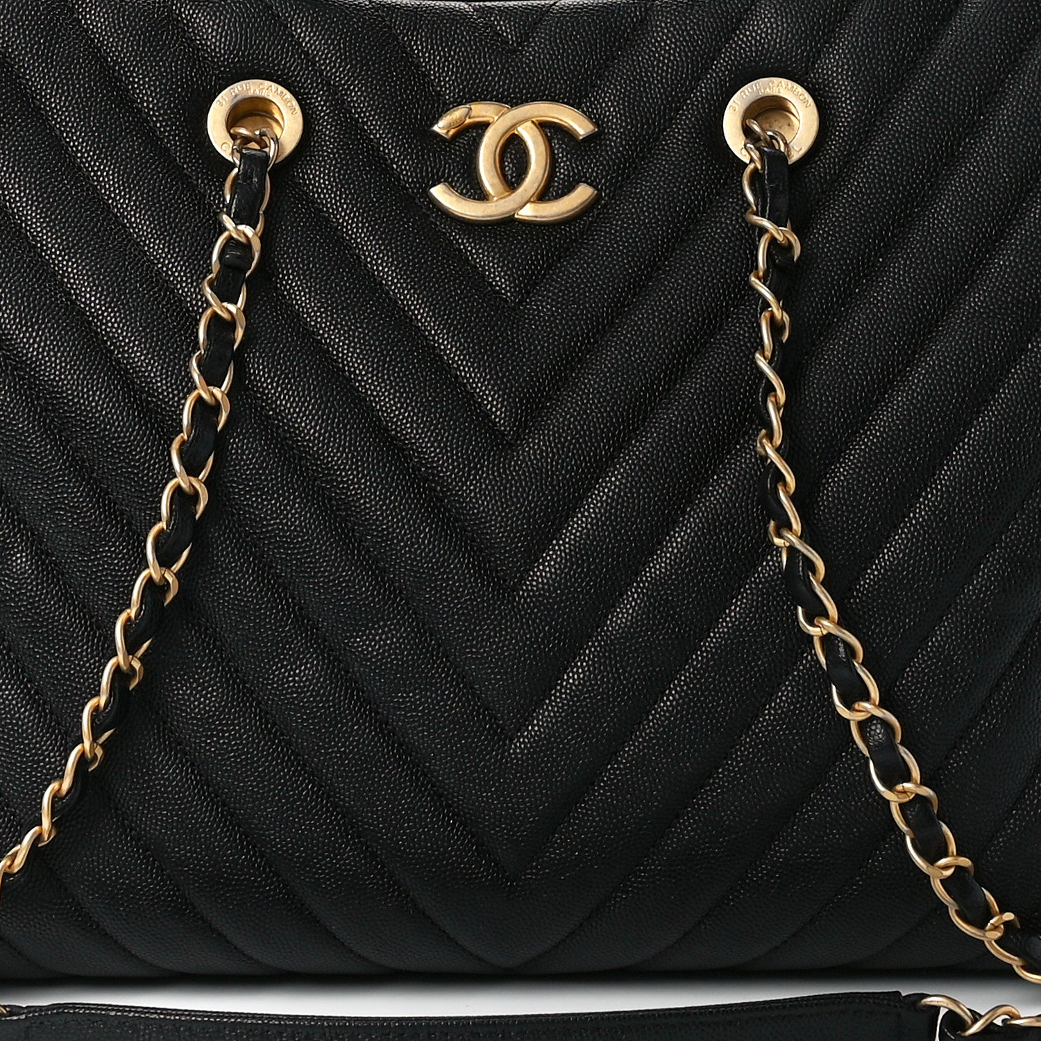 Chanel Caviar Chevron Large Coco Handle Shopping Tote Black 10 of 13