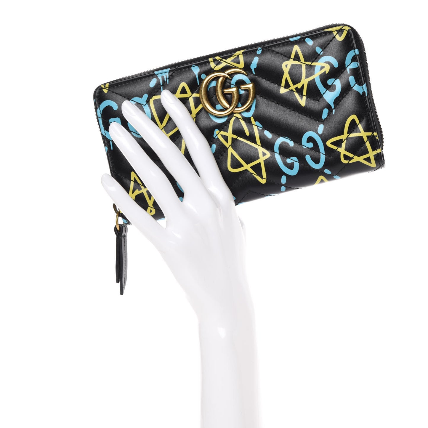 Calfskin Matelasse GucciGhost GG Marmont Zip Around Wallet Black New Acquamarine