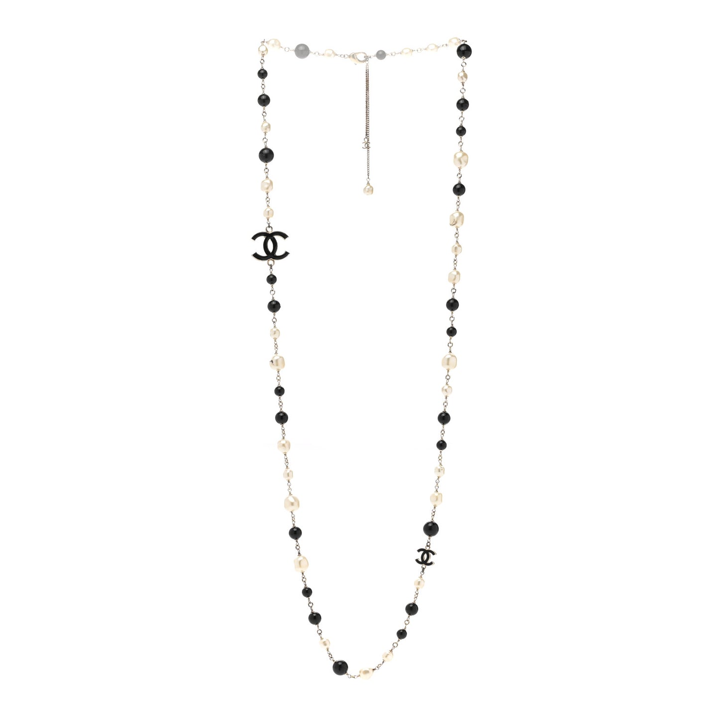 Pearl Beaded Crystal CC Long Necklace Gold Black White