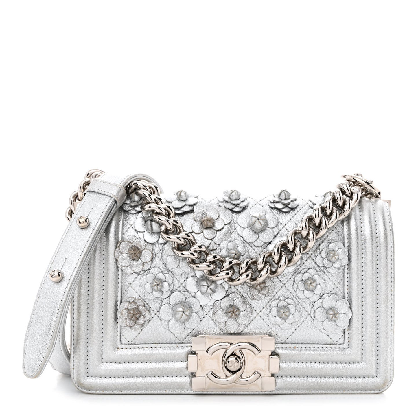 Metallic Calfskin Camellia Quilted Small Boy Flap Silver