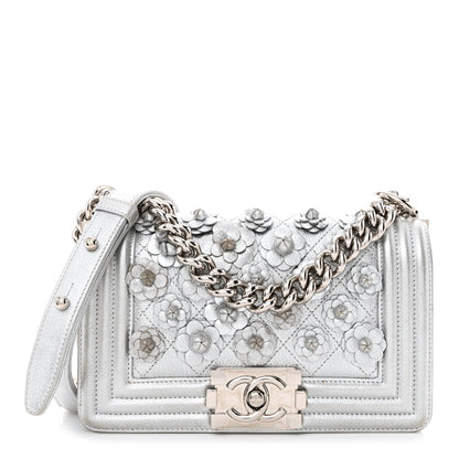 Chanel Metallic Calfskin Camellia Quilted Small Boy Flap Silver 1 of 10