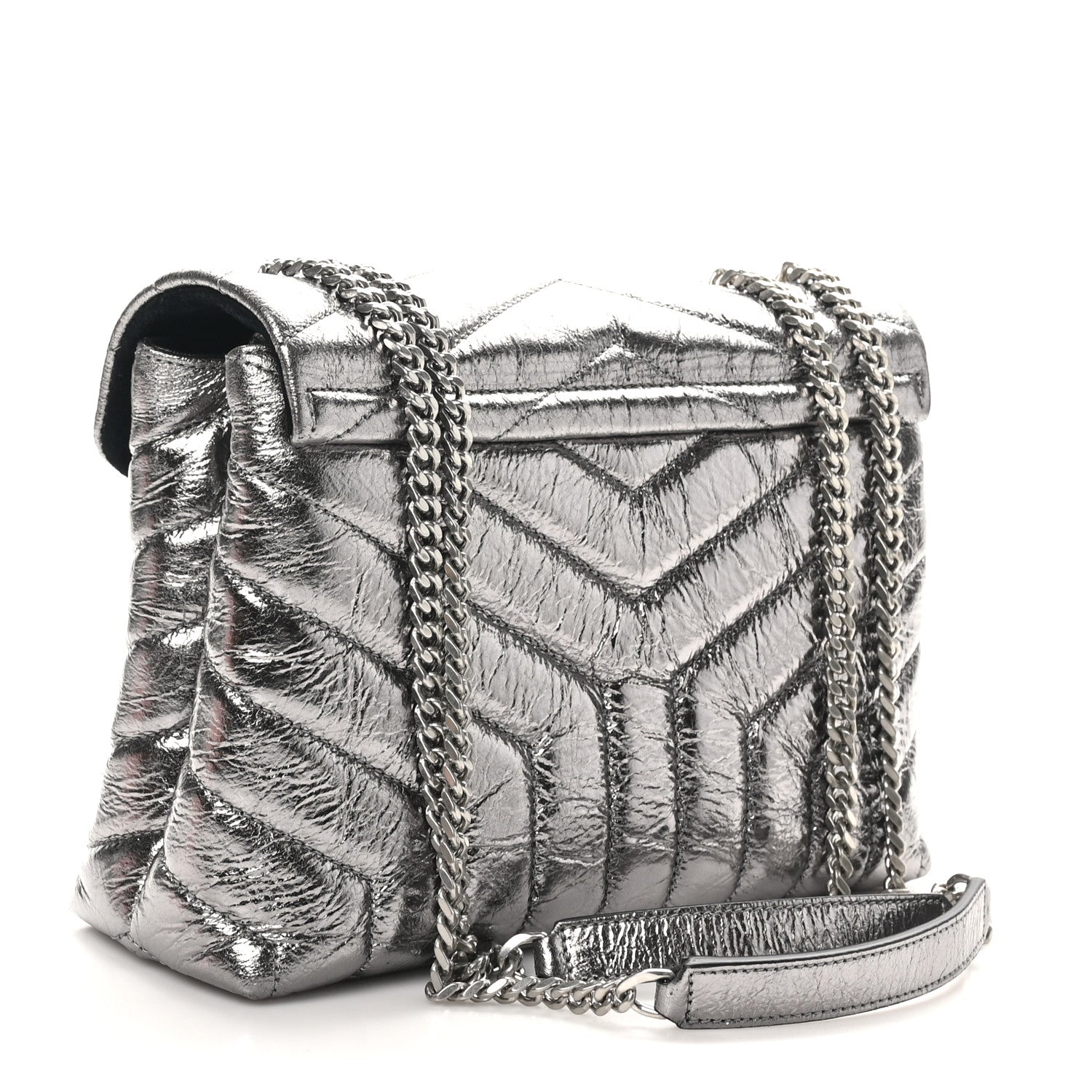 Saint Laurent Metallic Calfskin Y Quilted Monogram Small Loulou Chain Satchel Acciaio 3 of 10