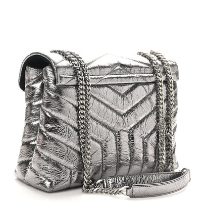 Saint Laurent Metallic Calfskin Y Quilted Monogram Small Loulou Chain Satchel Acciaio 3 of 10