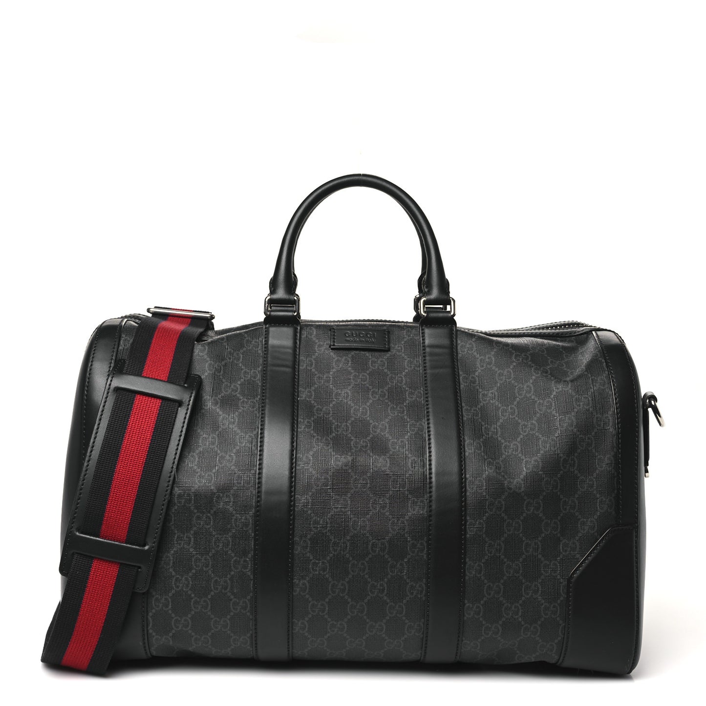 Soft GG Supreme Monogram Appia Calfskin Web Medium Carry On Duffle Bag Black Grey