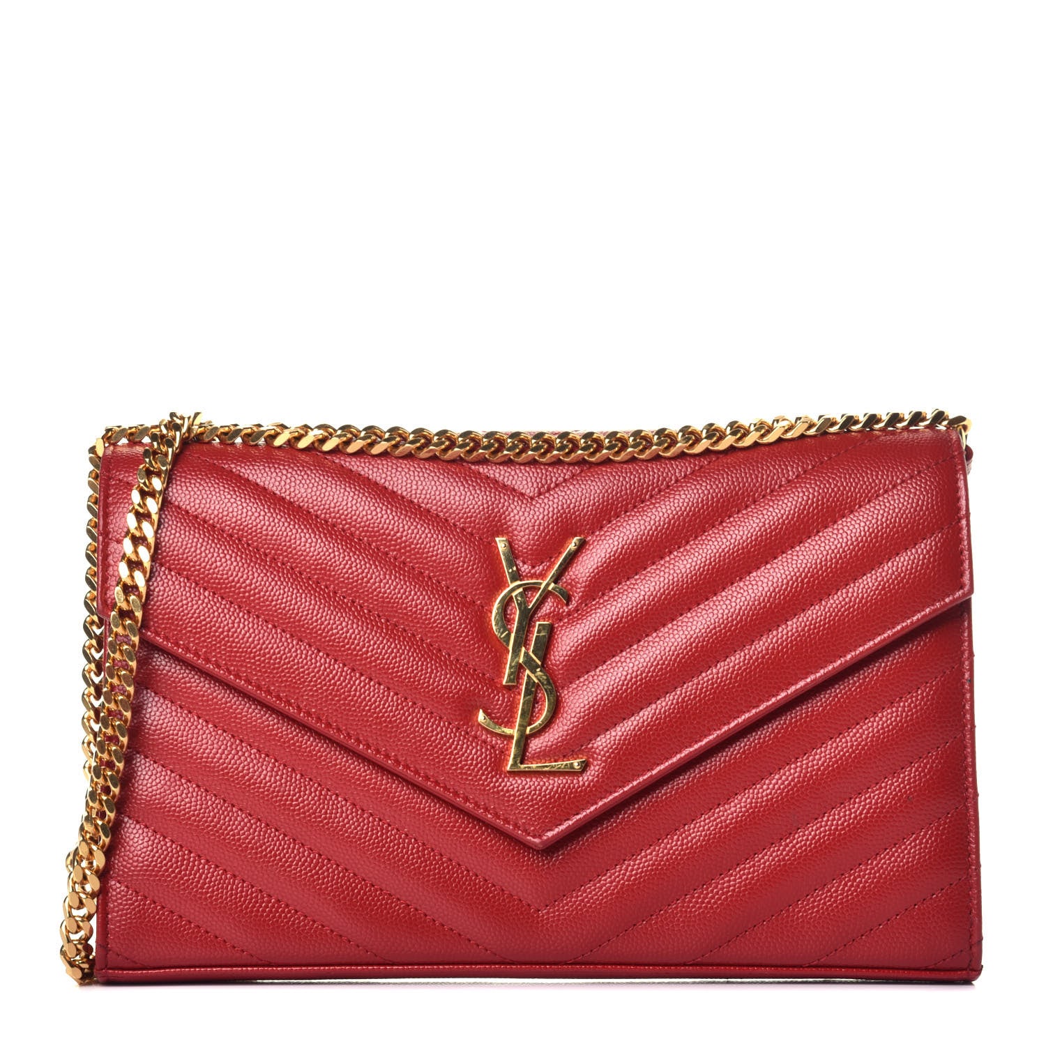 Saint Laurent Grain De Poudre Matelasse Chevron Monogram Chain Wallet New Red 1 of 10