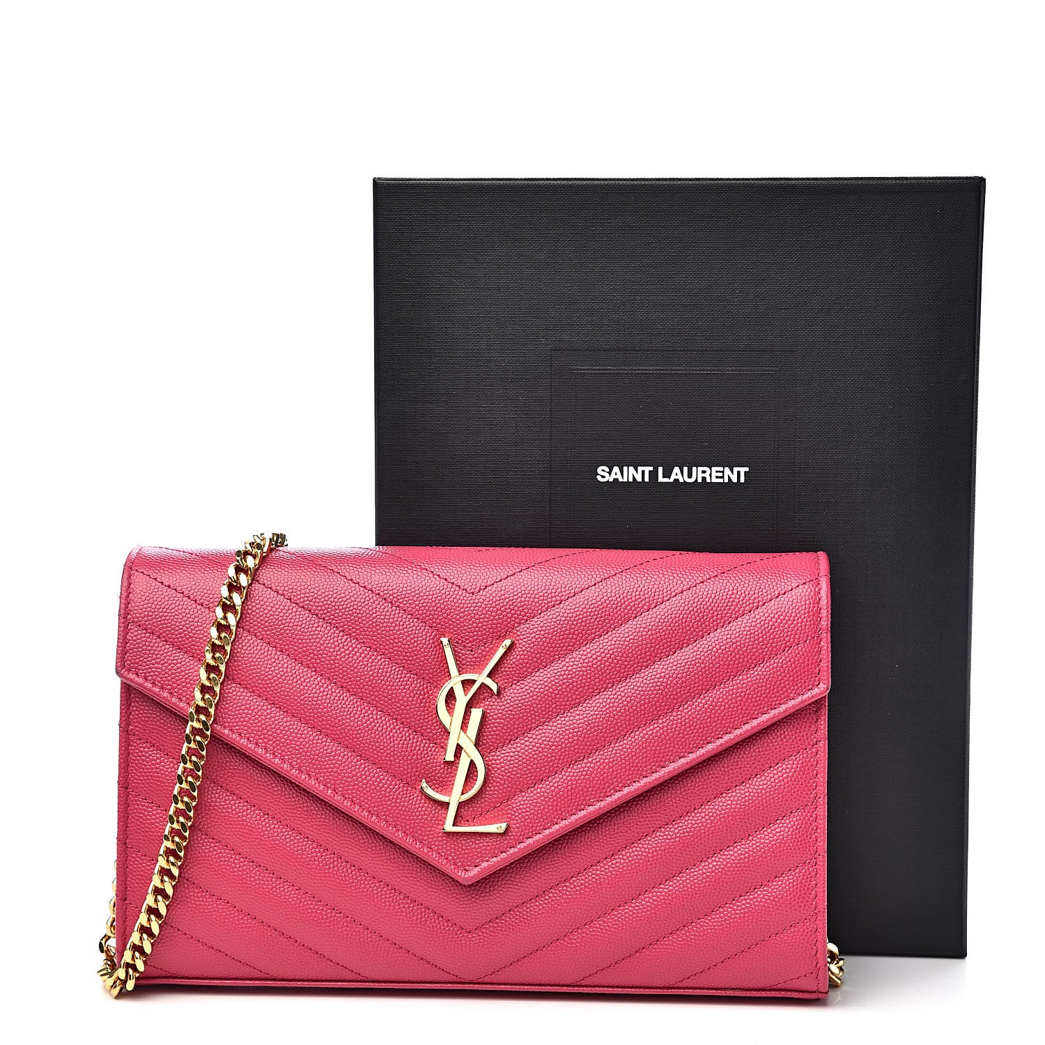Saint Laurent Grain De Poudre Matelasse Chevron Monogram Chain Wallet Fresh Fuchsia 10 of 10