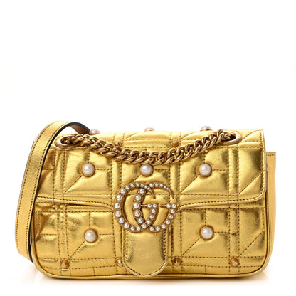 Gucci Metallic Calfskin Matelasse Studded Mini Pearly GG Marmont Shoulder Bag Gold 1 of 14