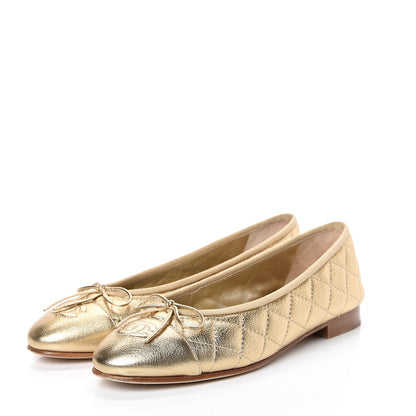 Chanel Metallic Lambskin Quilted Cap Toe Ballerina Flats 37.5 Gold 3 of 11