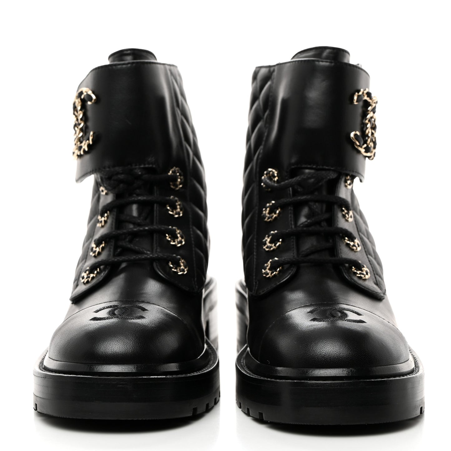 Shiny Lambskin Quilted Lace Up Combat Boots 38.5 Black