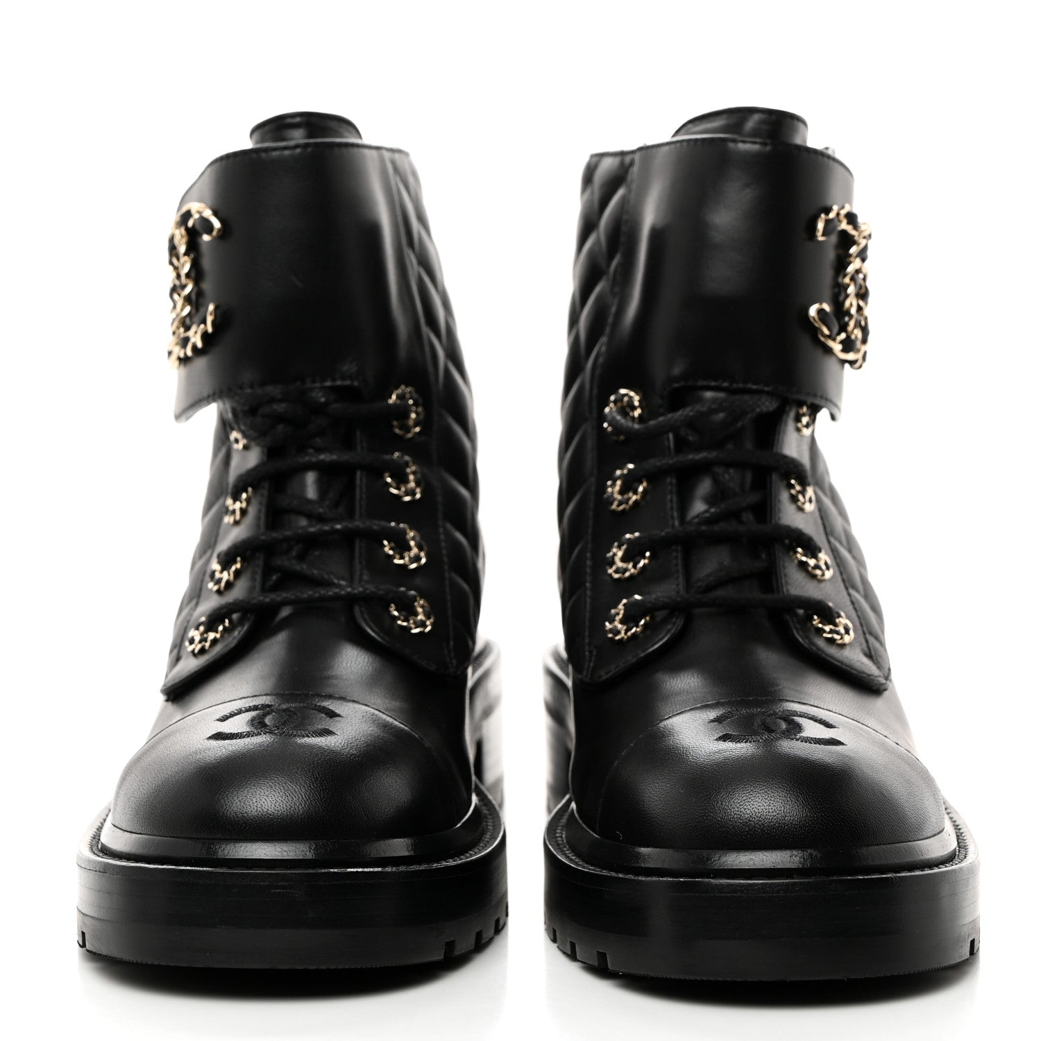 Chanel Shiny Lambskin Quilted Lace Up Combat Boots 38.5 Black 2 of 8