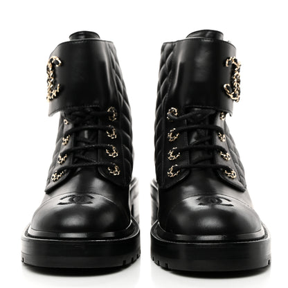 Chanel Shiny Lambskin Quilted Lace Up Combat Boots 38.5 Black 2 of 8