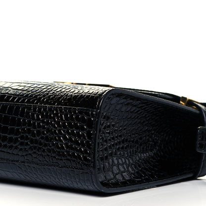 Saint Laurent Shiny Calfskin Crocodile Embossed Manhattan Baguette Black 10 of 10