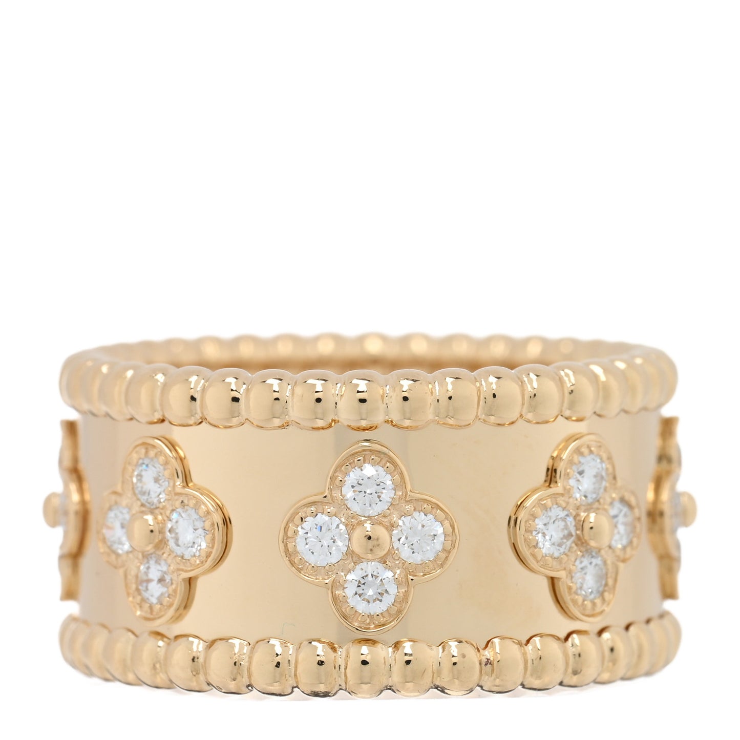 18K Yellow Gold Diamond Perlee Clovers Ring 53 6.5