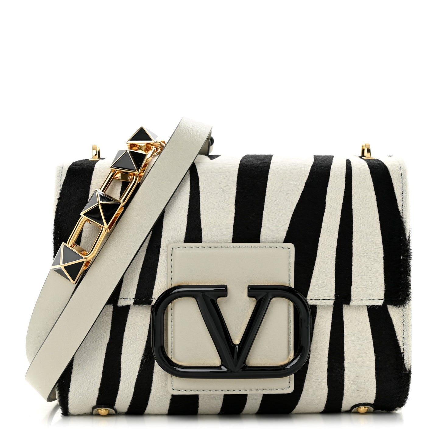 Pony Hair Zebra VLogo Stud Sign Shoulder Bag White Black