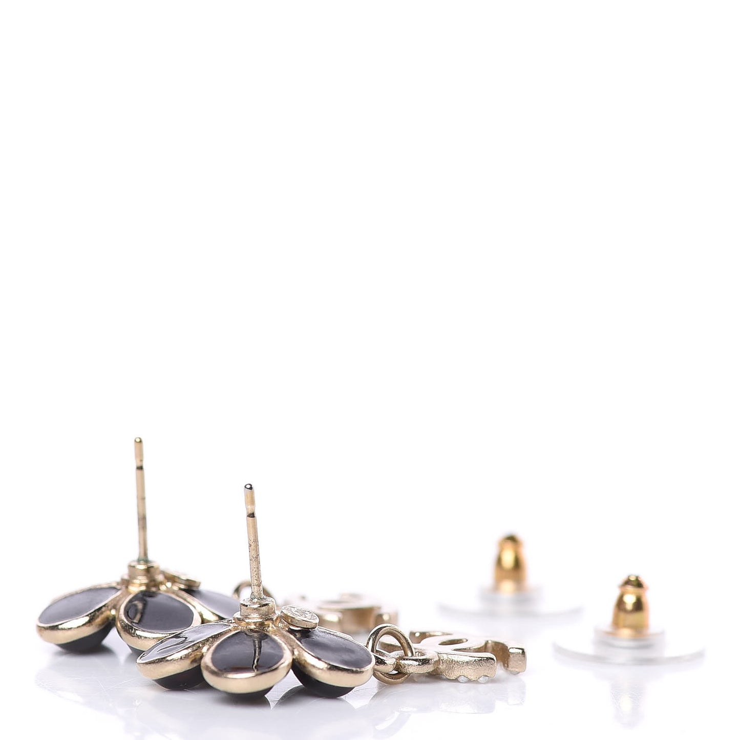 Enamel Pearl CC Flower Drop Earrings Black Gold