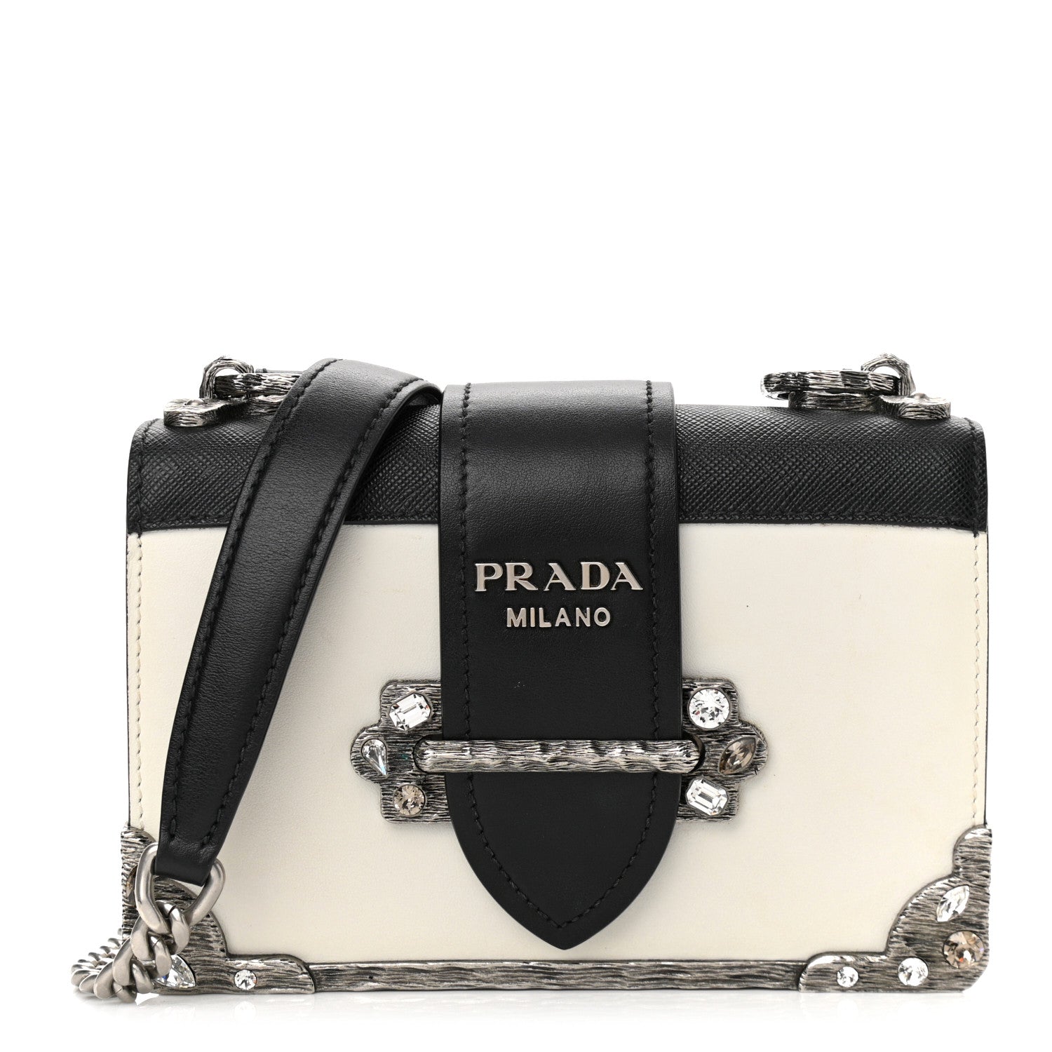 Prada Crystal City Calf Saffiano Cahier Shoulder Bag Talco Black 1 of 8