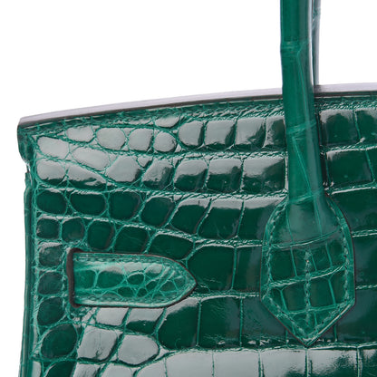 Hermes Shiny Niloticus Crocodile Horseshoe Birkin 30 Vert Emeraude Black 32 of 38