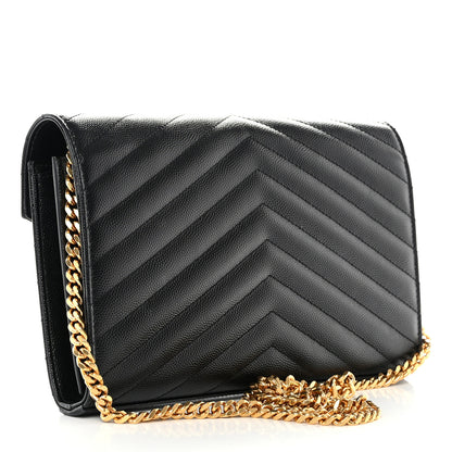 Saint Laurent Grain De Poudre Matelasse Chevron Monogram Chain Wallet Black 3 of 12