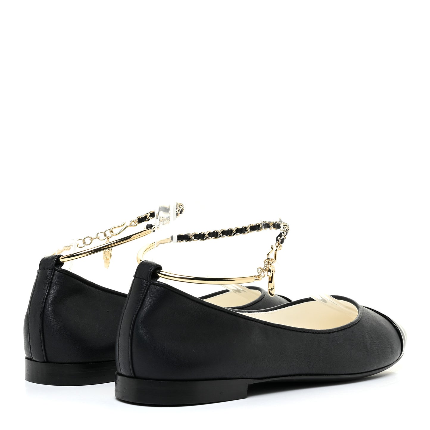 Lambskin Patent Calfskin Cap Toe Ankle Chain Ballerina Flats 37 Black