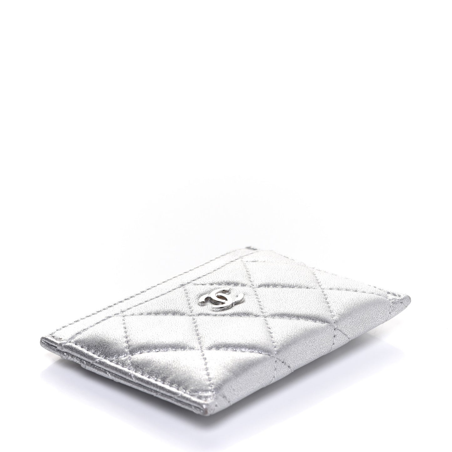 Metallic Lambskin Quilted Card Holder Silver