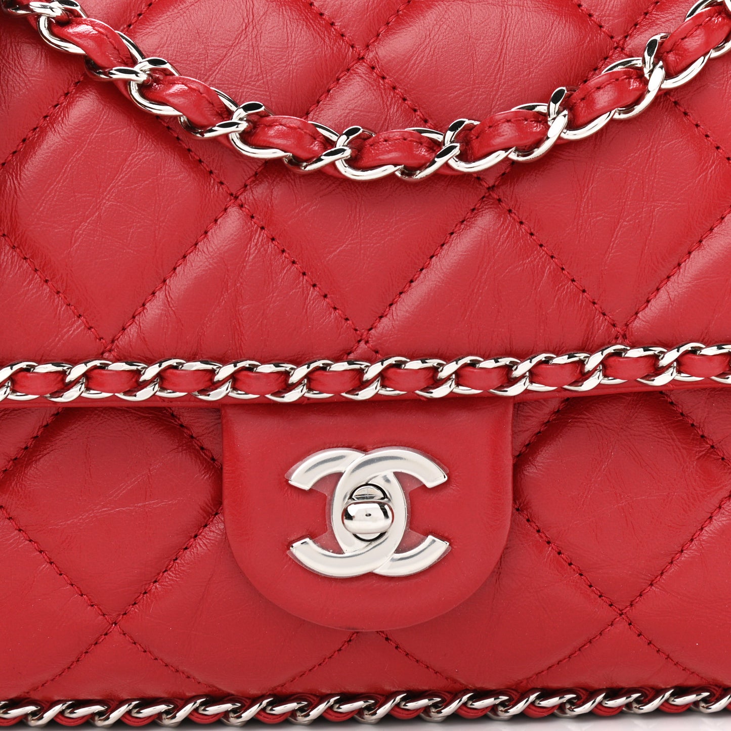 Crumpled Calfskin Medium Chain All Over Flap Red