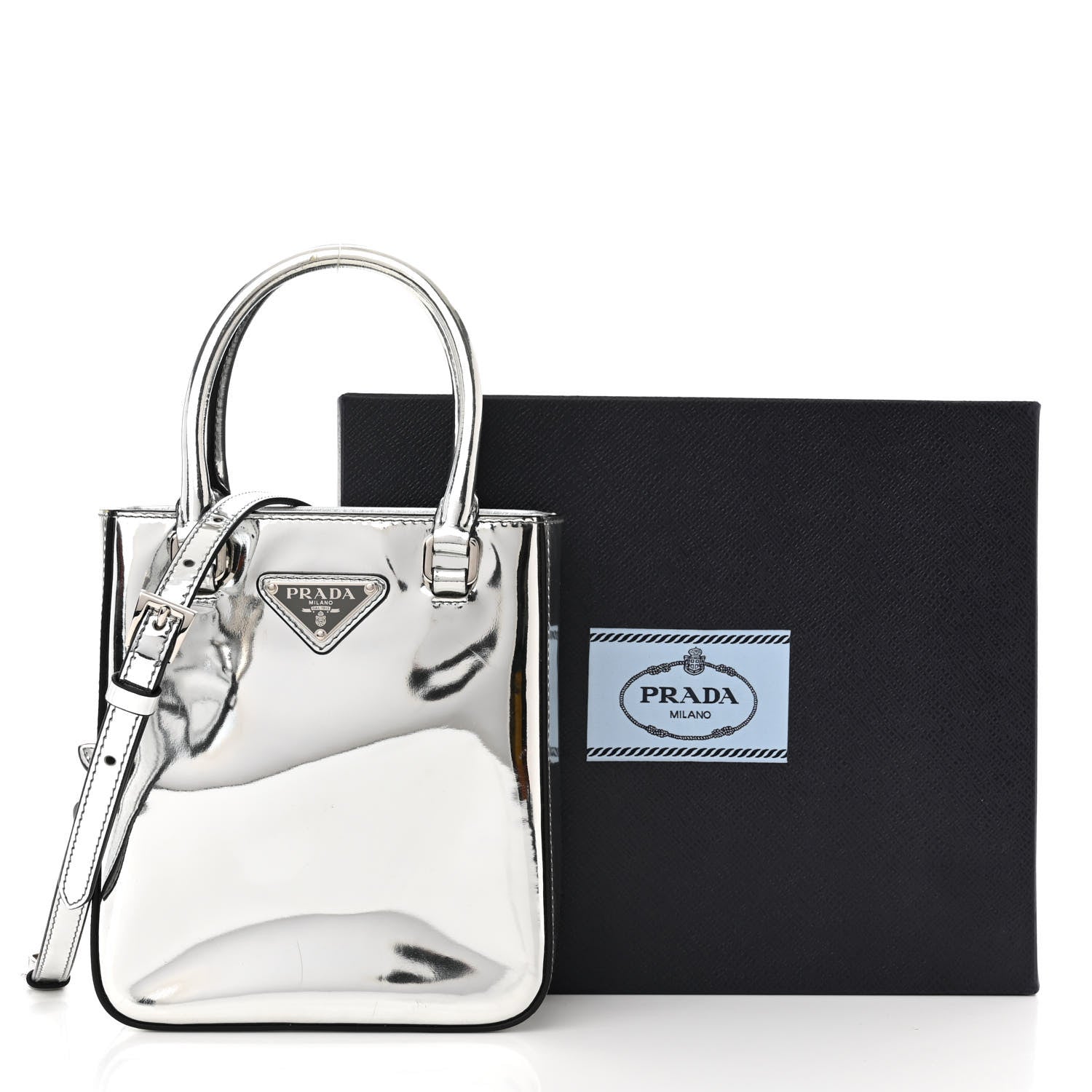 Prada Spazzolato Triangle Small Double Handle Crossbody Tote Argento 11 of 11