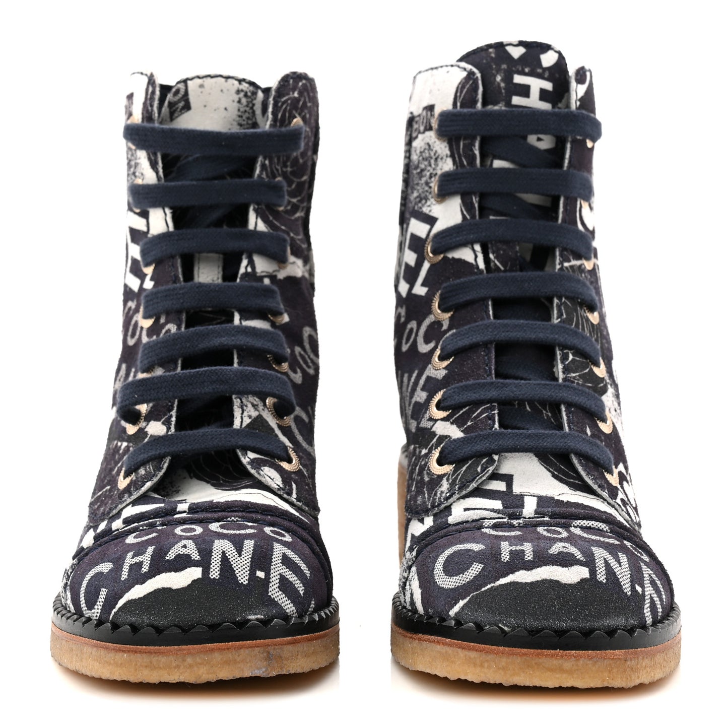 Suede Calfskin Printed CC 31 Rue Cambon Lace Up Combat Boots 36 White Navy