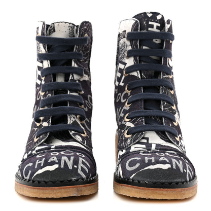 Chanel Suede Calfskin Printed CC 31 Rue Cambon Lace Up Combat Boots 36 White Navy 2 of 9