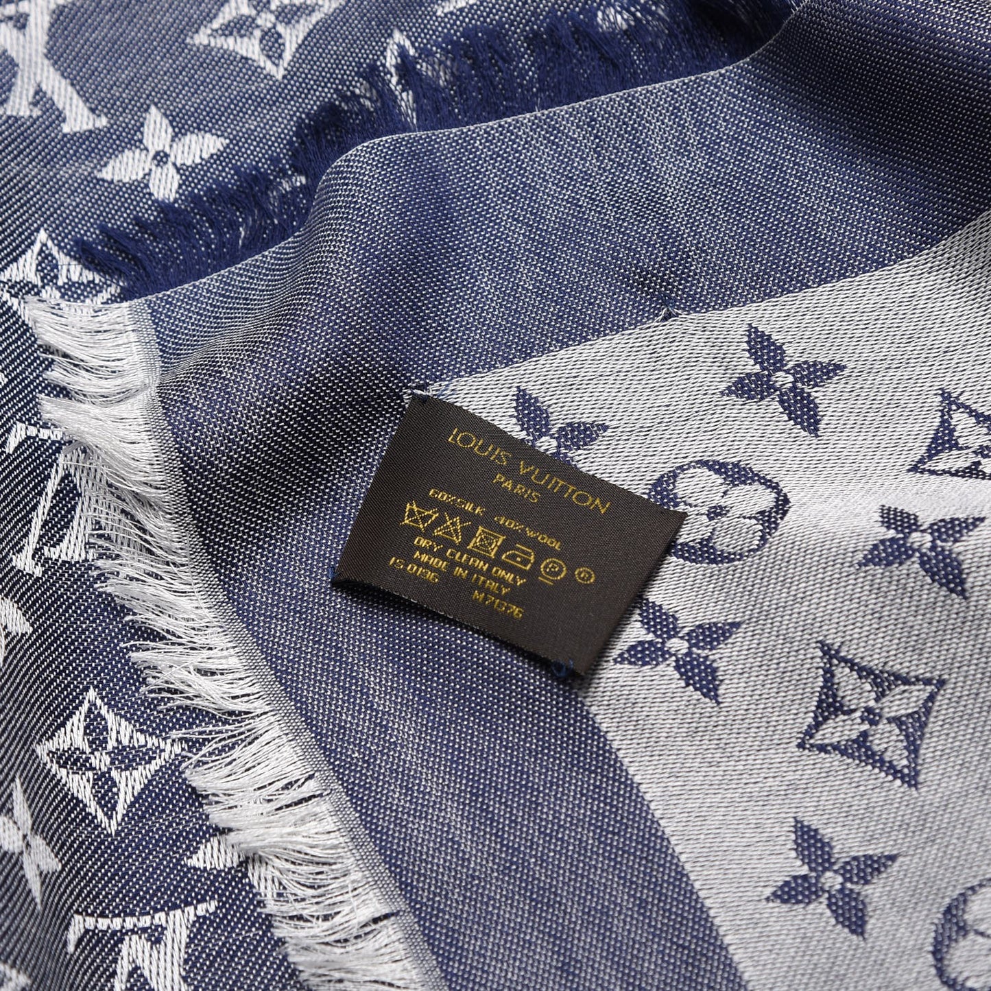 Silk Wool Monogram Denim Shawl Blue
