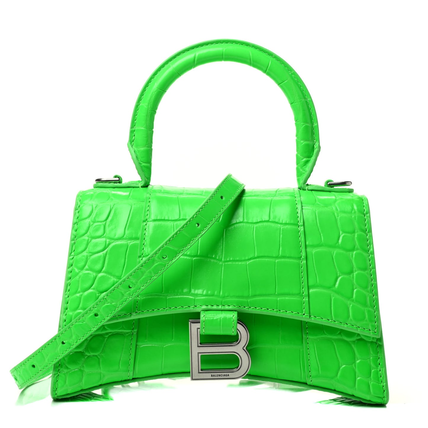 Shiny Calfskin Crocodile Embossed Hourglass Top Handle Bag XS Fluo Green