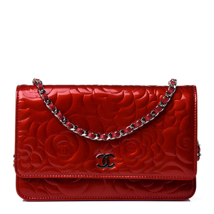 Chanel Patent Camellia Embossed Wallet On Chain WOC Dark Red 1 of 4