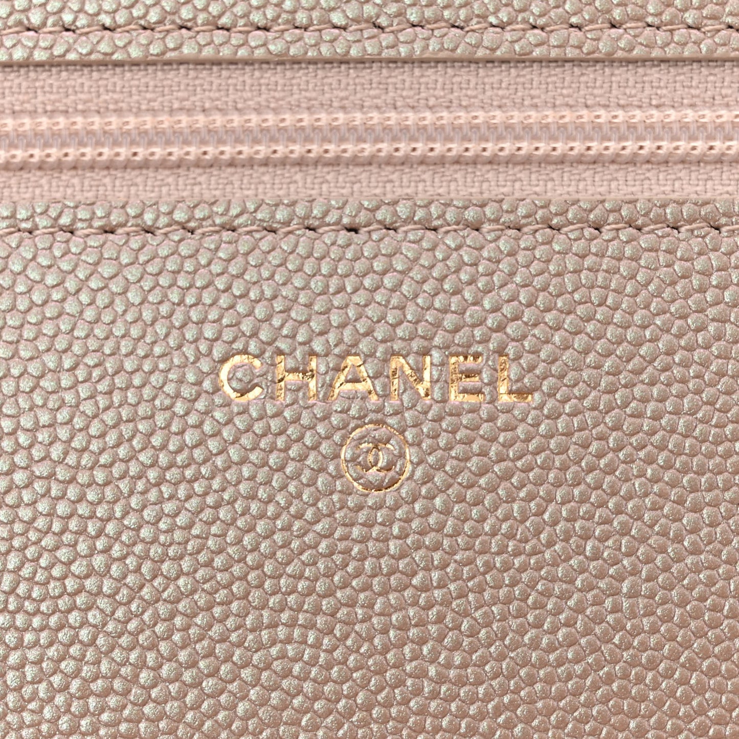 Iridescent Caviar Quilted Wallet on Chain WOC Beige