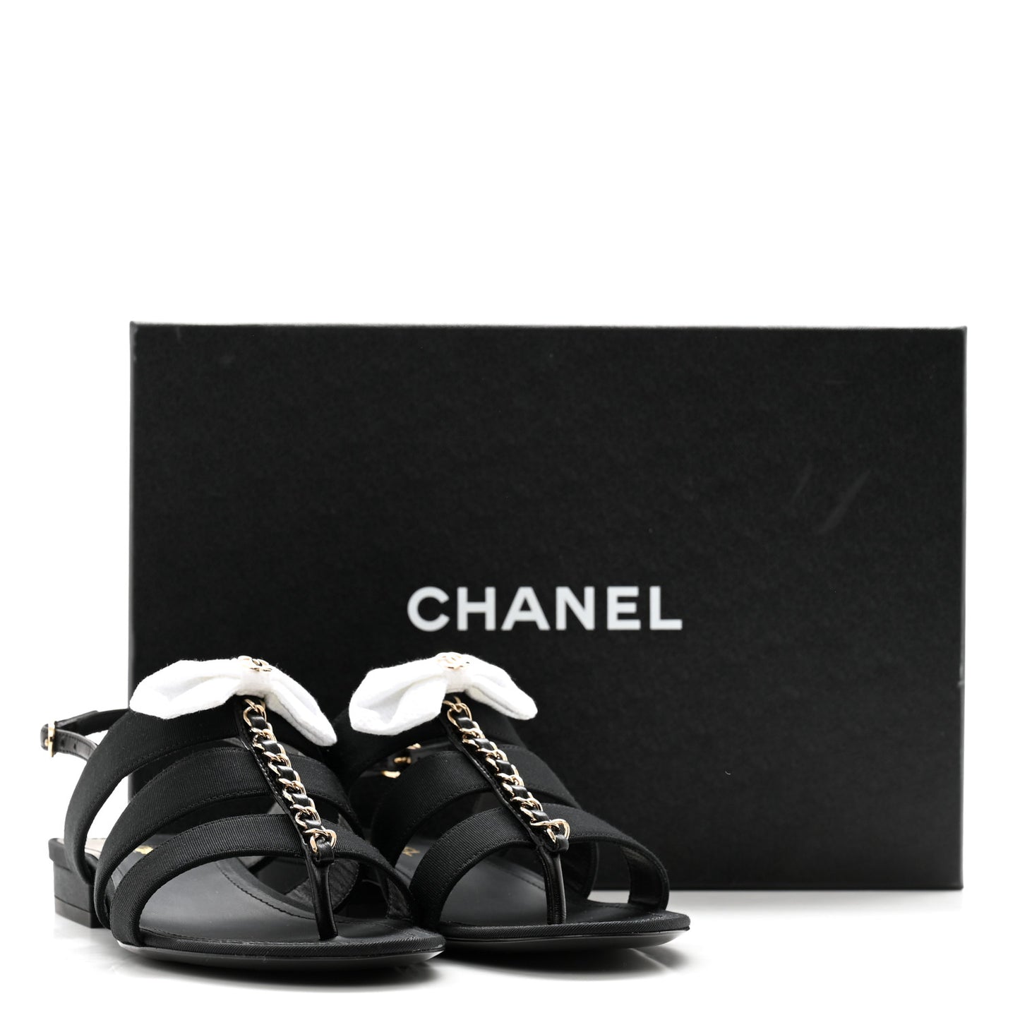 Grosgrain Chain CC Logo Bow Sandals 35.5 Black