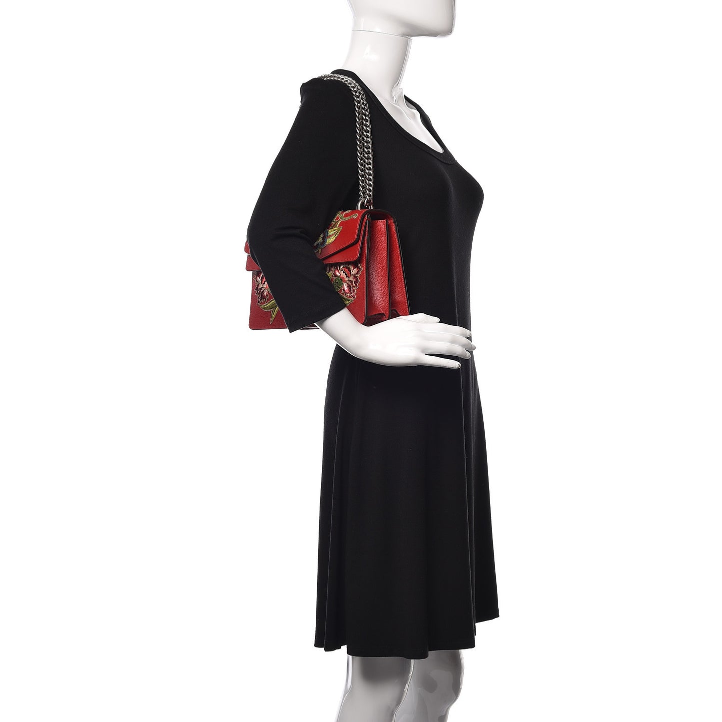 Calfskin Web Floral Embroidered Small Dionysus Shoulder Bag Hibiscus Red