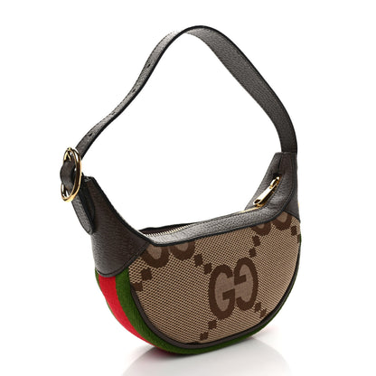 Gucci Monogram Jumbo GG Textured Dollar Calfskin Web Mini Ophidia Half Moon Hobo Camel Ebony New Acero 3 of 8