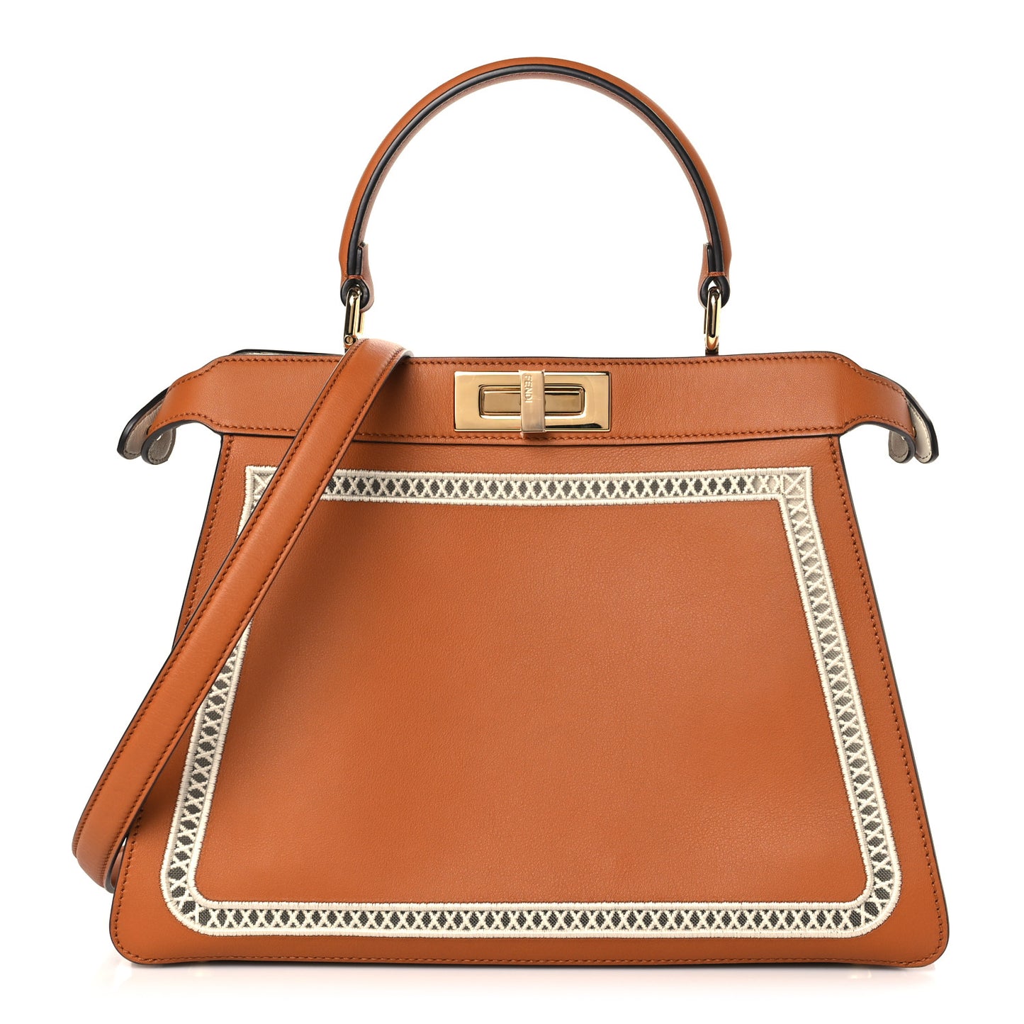 Vitello Seta Shiny Nappa Ajour Embroidered Medium Peekaboo I SEE U Satchel Brandy White Garza