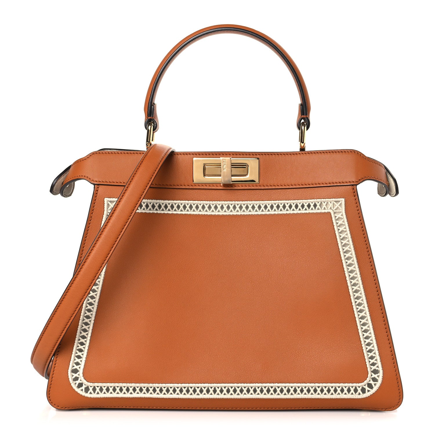 Fendi Vitello Seta Shiny Nappa Ajour Embroidered Medium Peekaboo I SEE U Satchel Brandy White Garza 1 of 9