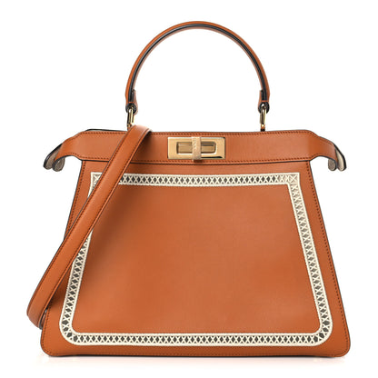 Fendi Vitello Seta Shiny Nappa Ajour Embroidered Medium Peekaboo I SEE U Satchel Brandy White Garza 1 of 9