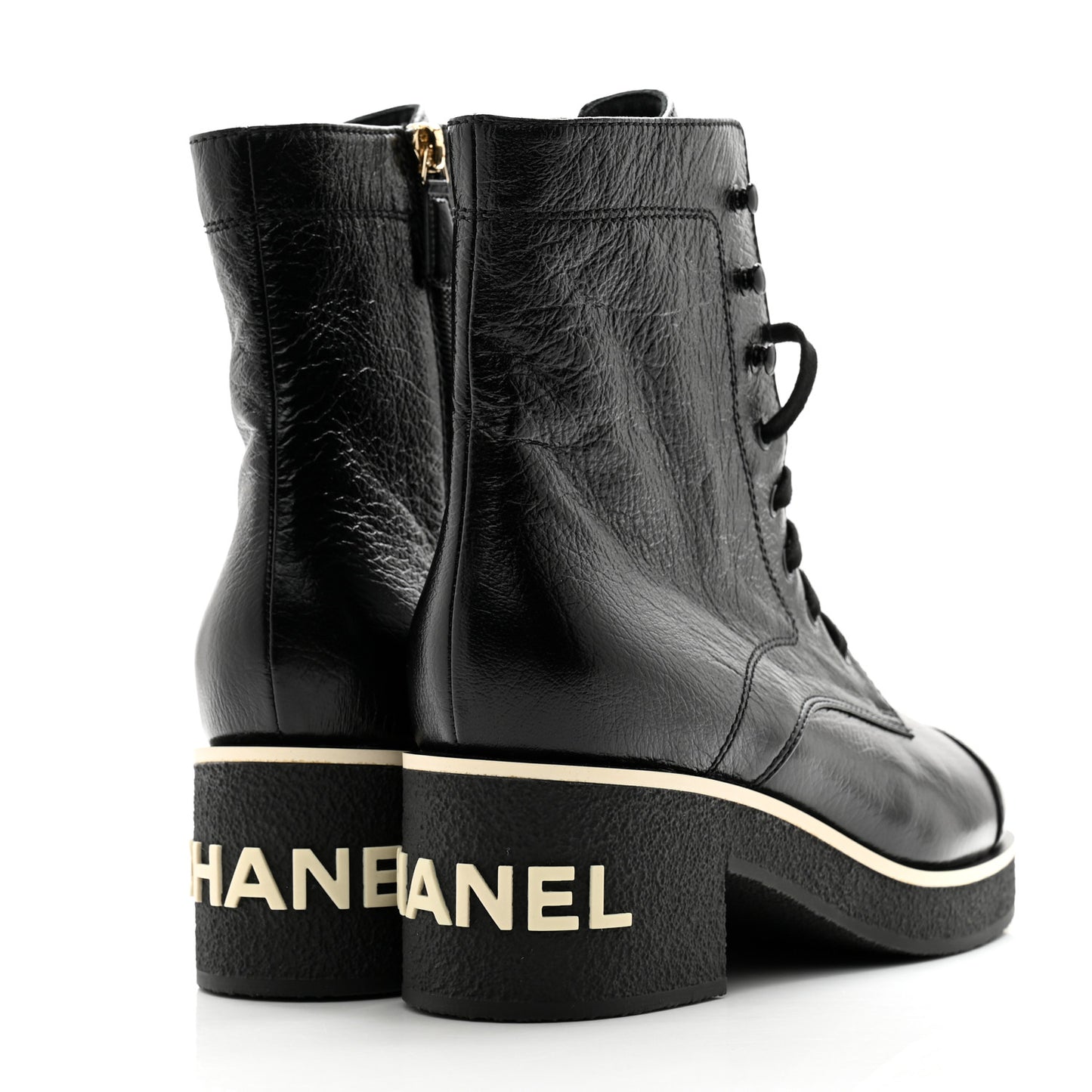 Shiny Crumpled Lambskin Lace Up Combat Boots 41 Black