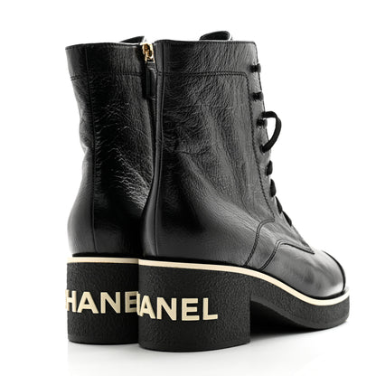Chanel Shiny Crumpled Lambskin Lace Up Combat Boots 41 Black 4 of 11