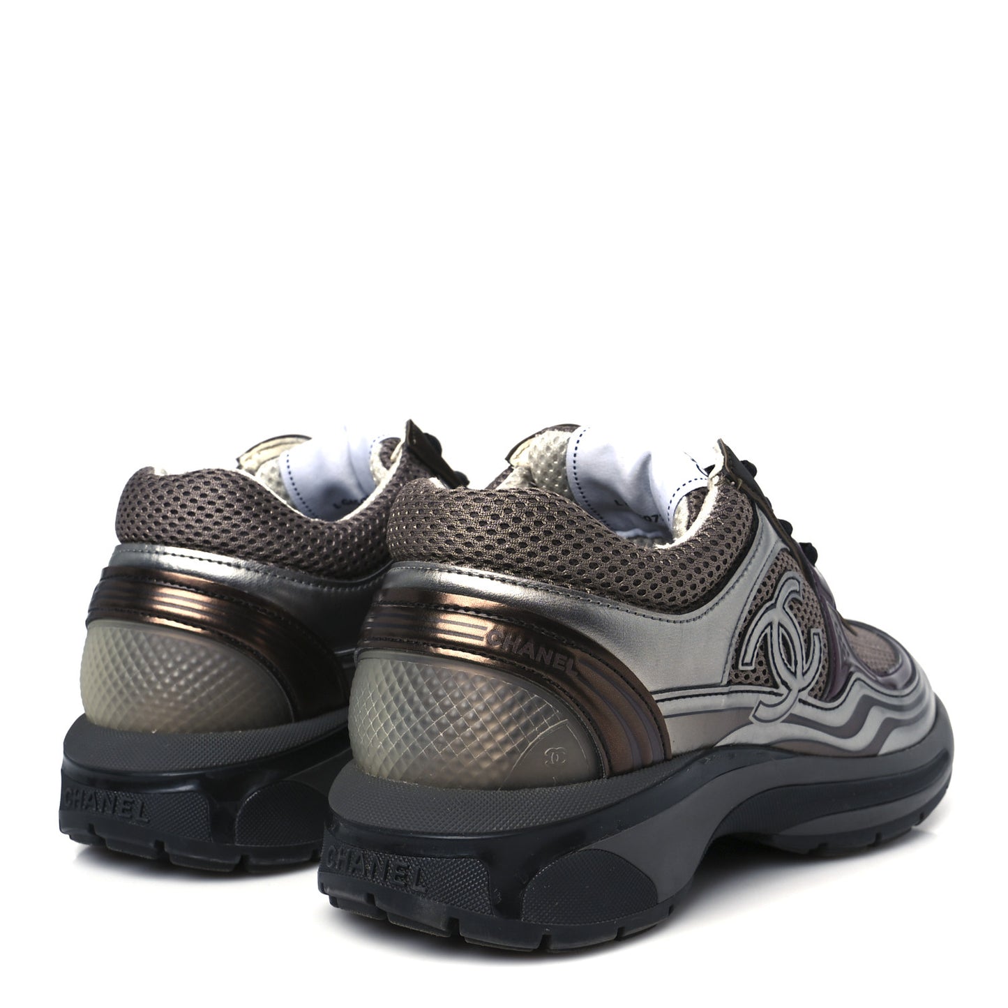 Fabric Laminated Calfskin Stretch CC Womens Sneakers 37 Khaki Silver Dark Purple
