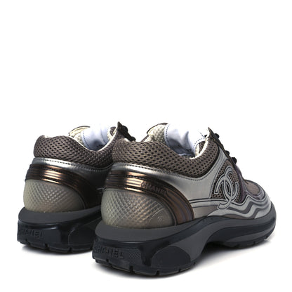 Chanel Fabric Laminated Calfskin Stretch CC Womens Sneakers 37 Khaki Silver Dark Purple 5 of 10