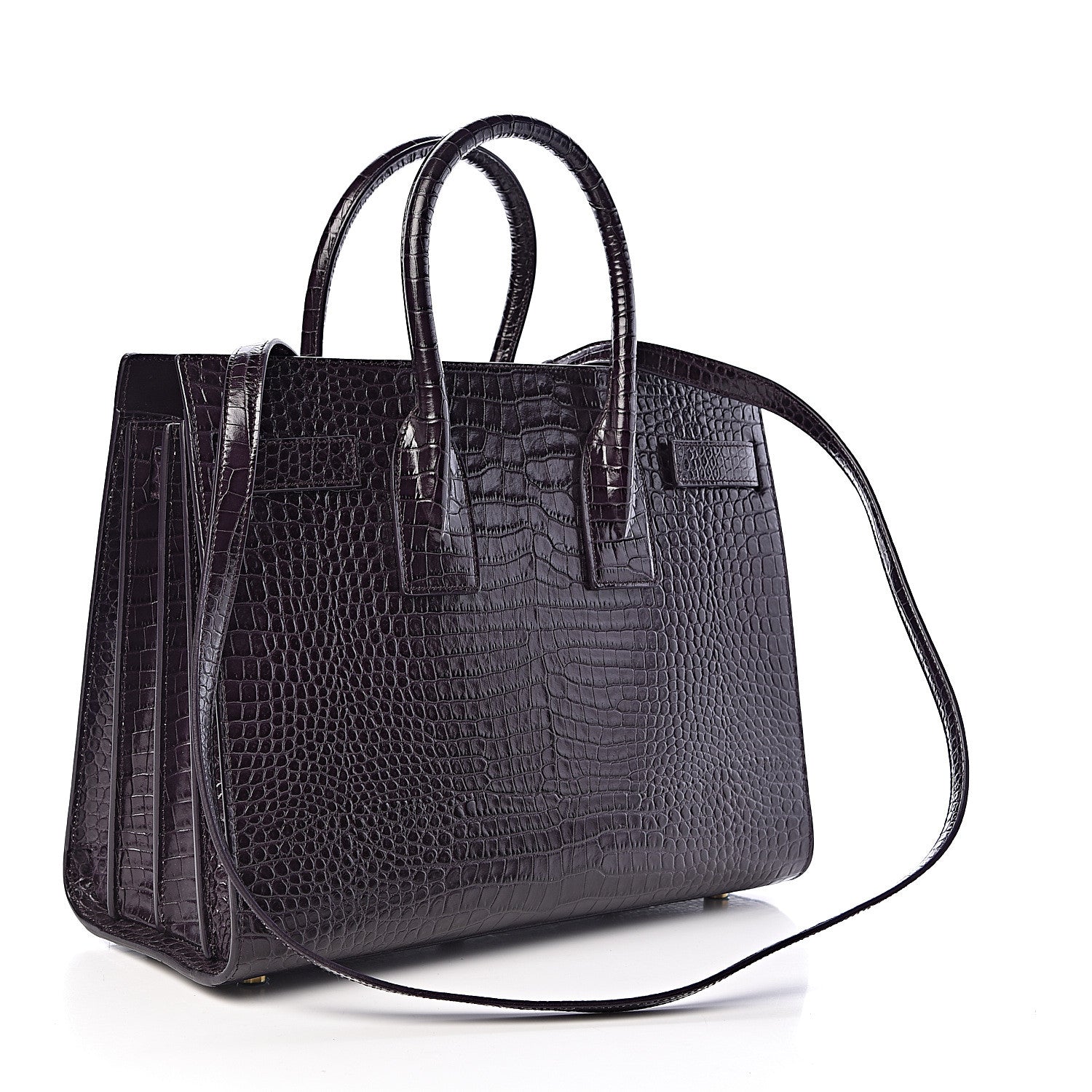 Saint Laurent Calfskin Crocodile Embossed Small Sac de Jour Prune 3 of 9
