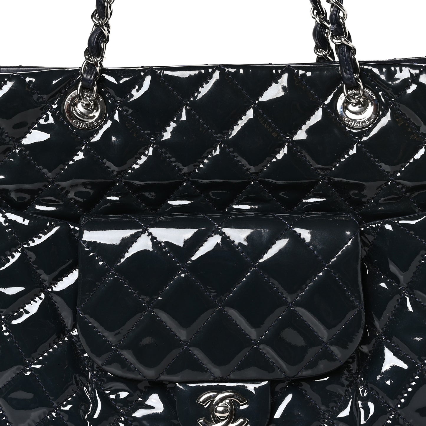 Patent Quilted Large Coco Shine Shopping Tote Navy