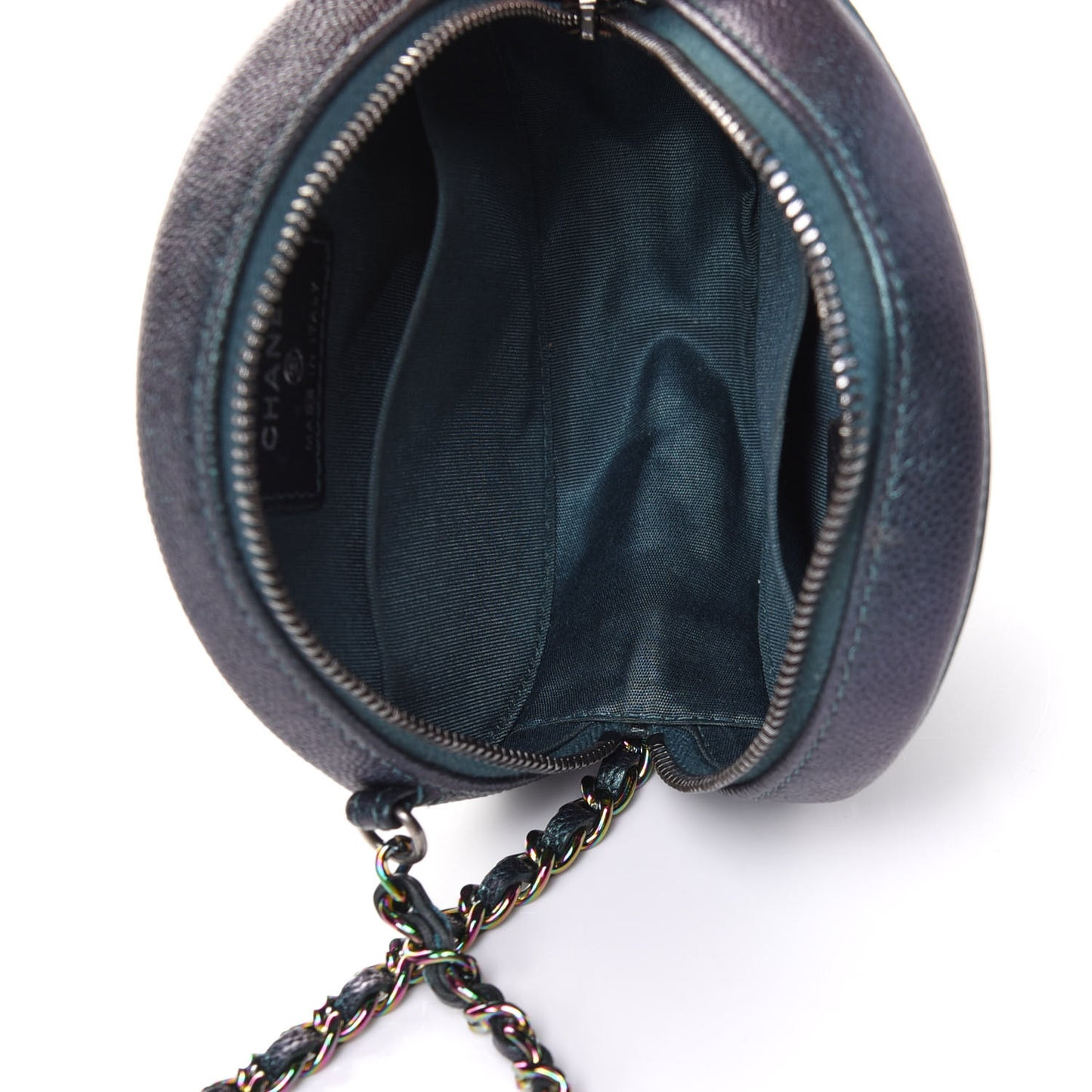 Iridescent Caviar Quilted Round Filigree Crossbody Dark Turquoise